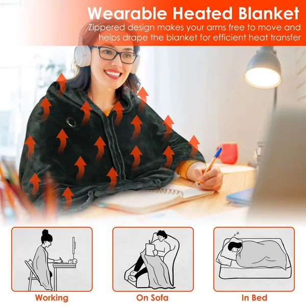 USB Heated Blanket Poncho Shawl Wrap with Zipper, 59x31in