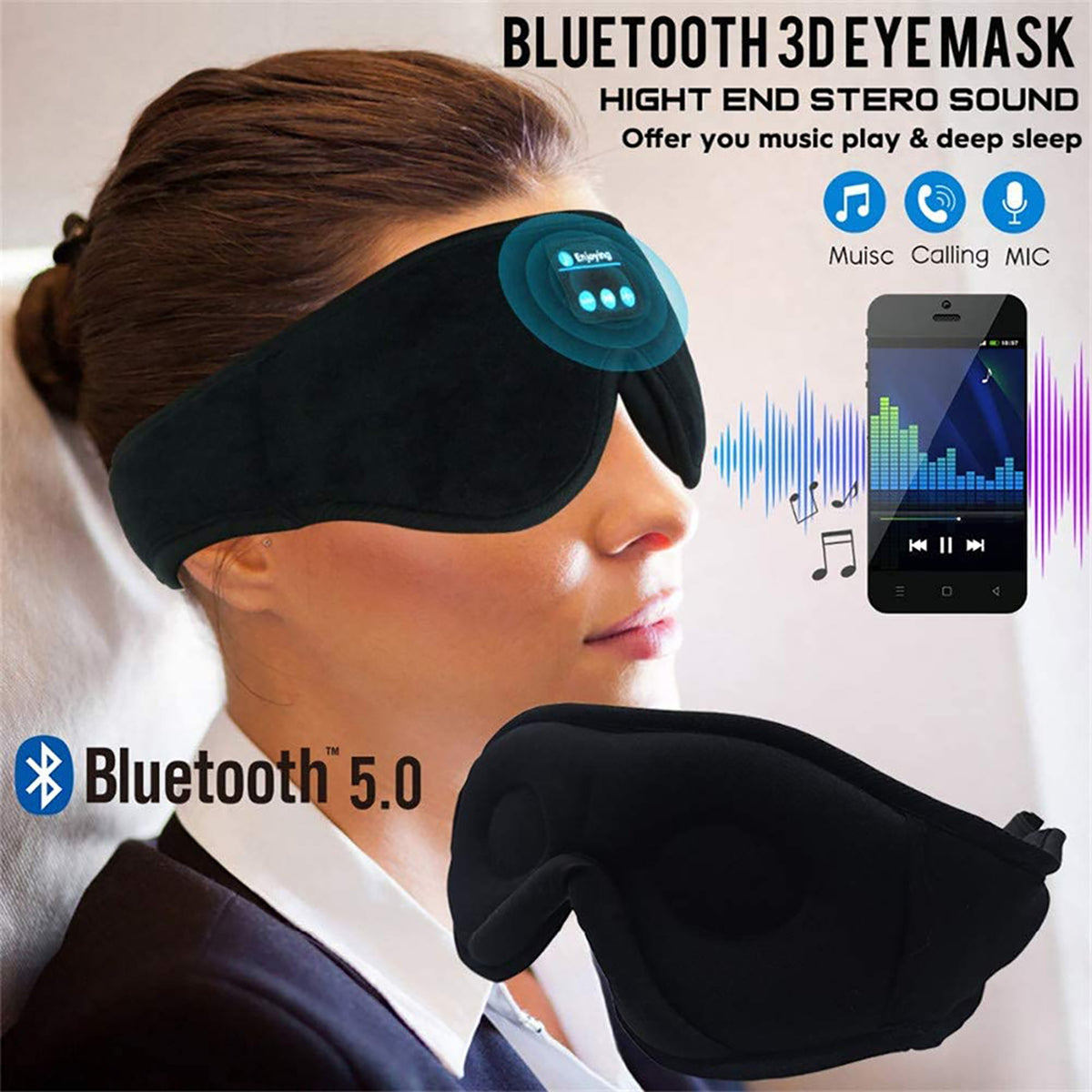 Bluetooth Sleep Mask with Built-in Speakers, Blackout