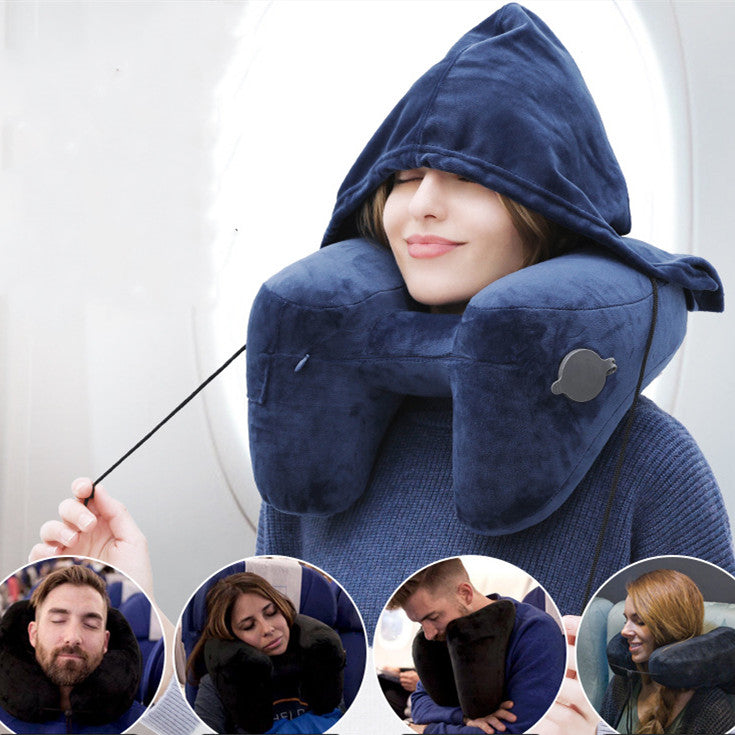 Hooded Travel Pillow, H-Shaped Inflatable Neck Pillow