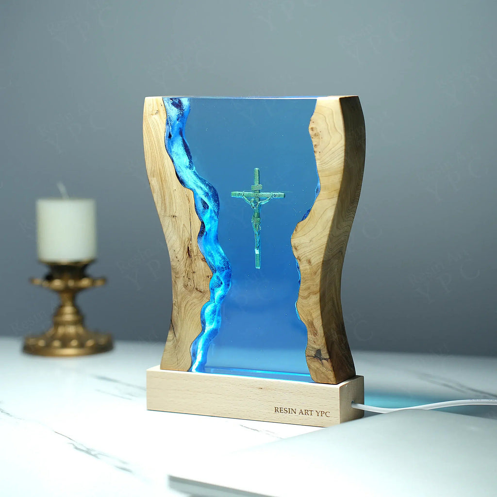 Cross Night Light, Resin Desk Decor with Glowing Light