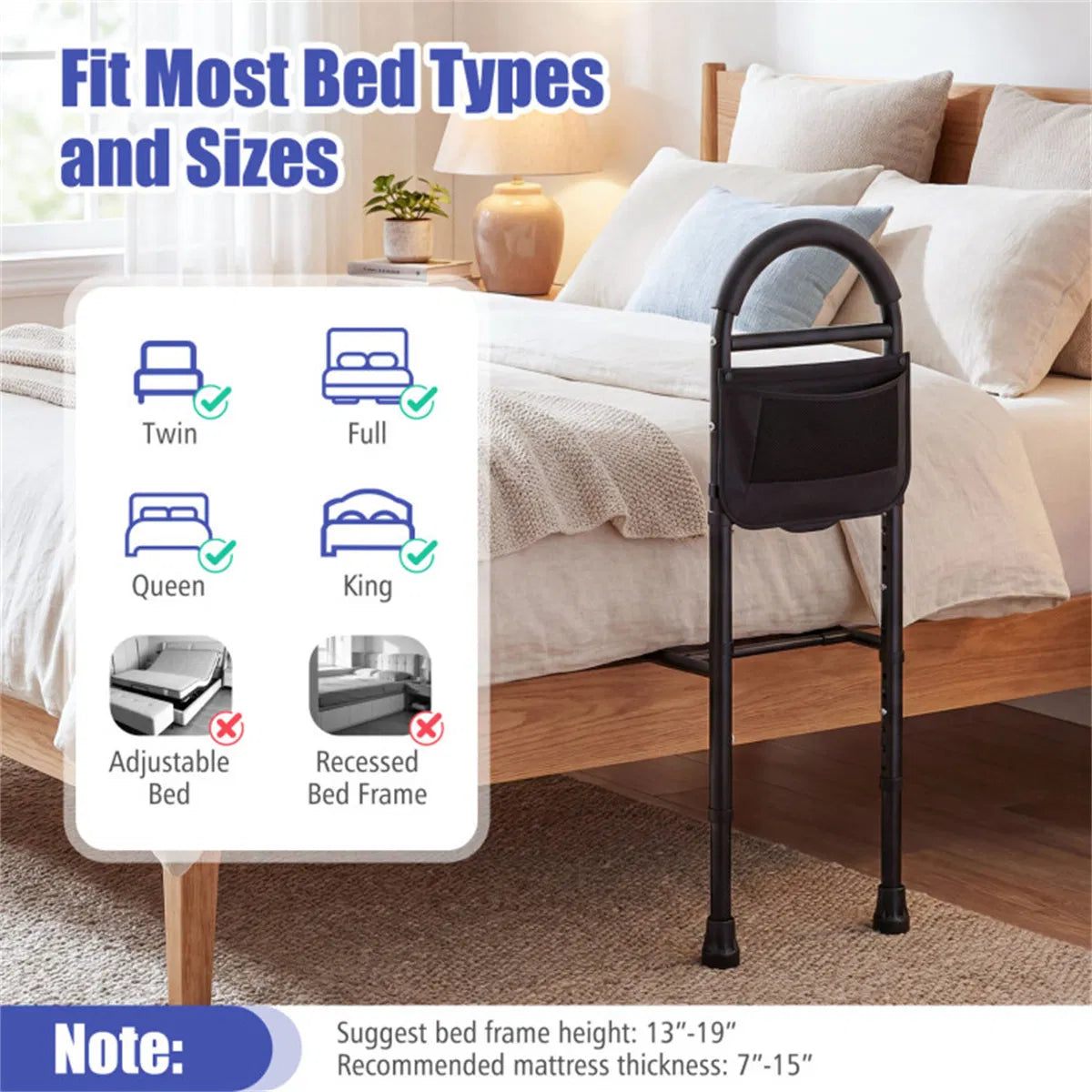 Height Adjustable Bed Assist Rail for Elderly Adults
