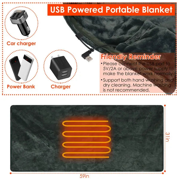USB Heated Blanket Poncho Shawl Wrap with Zipper, 59x31in