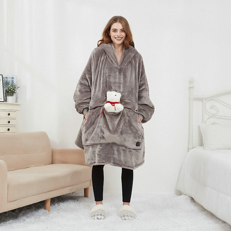 USB Heated Wearable Blanket Hoodie, Oversized Sherpa Heated Robe