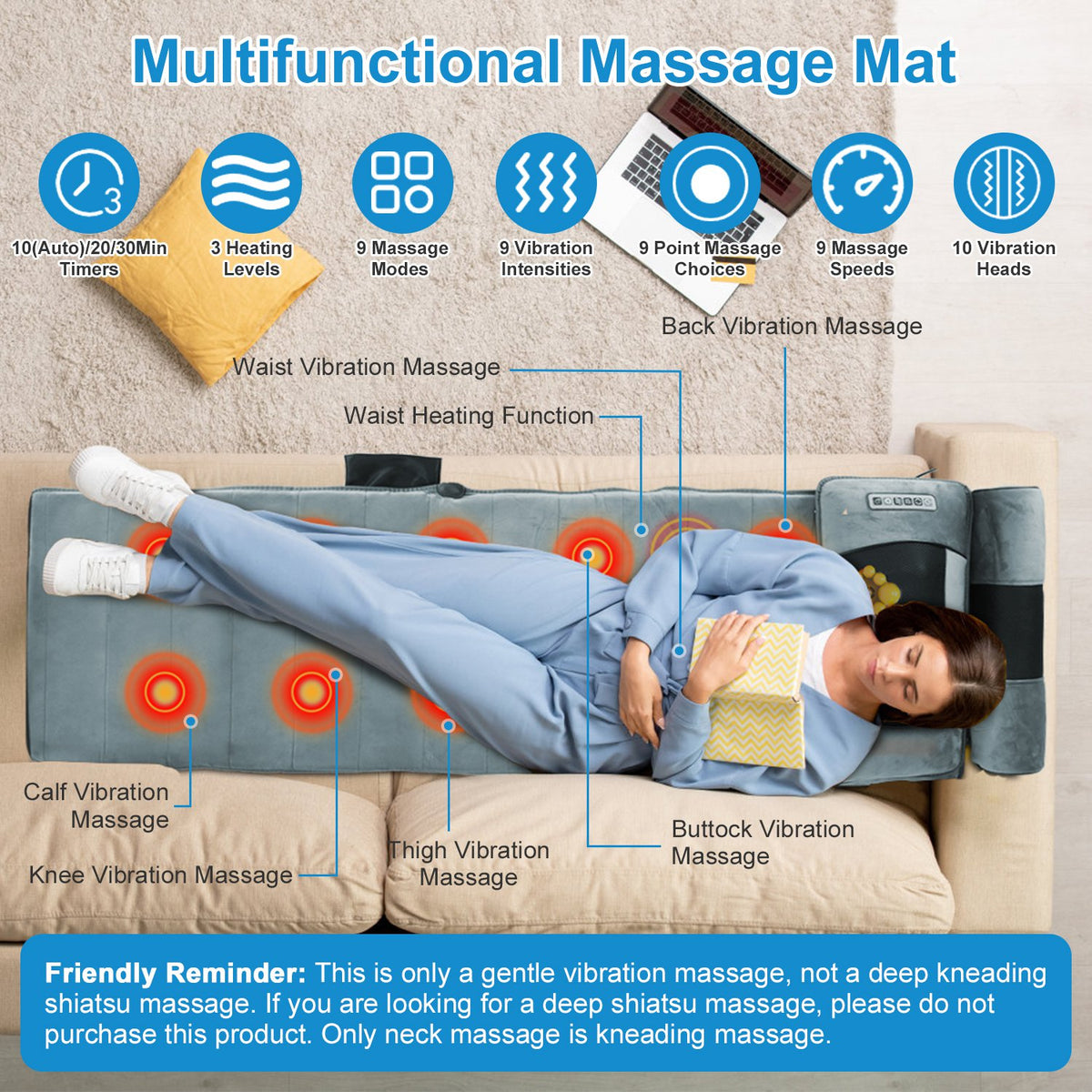 Heated Full Body Massage Mat with 10 Vibration Motors & Neck Massager