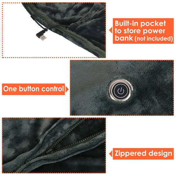 USB Heated Blanket Poncho Shawl Wrap with Zipper, 59x31in