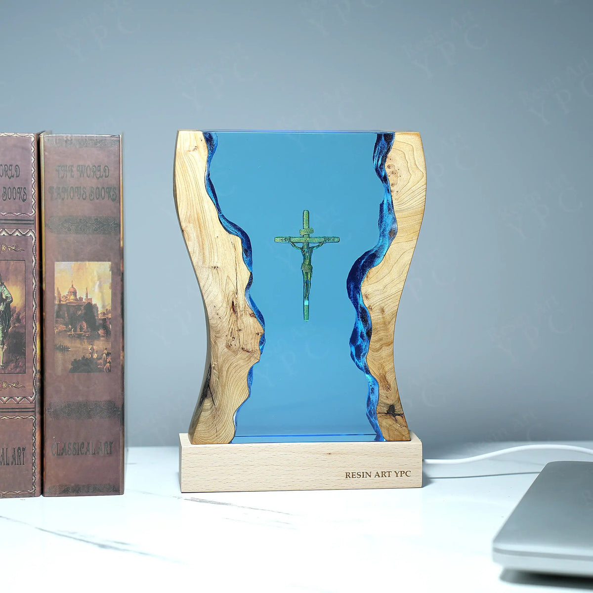Cross Night Light, Resin Desk Decor with Glowing Light