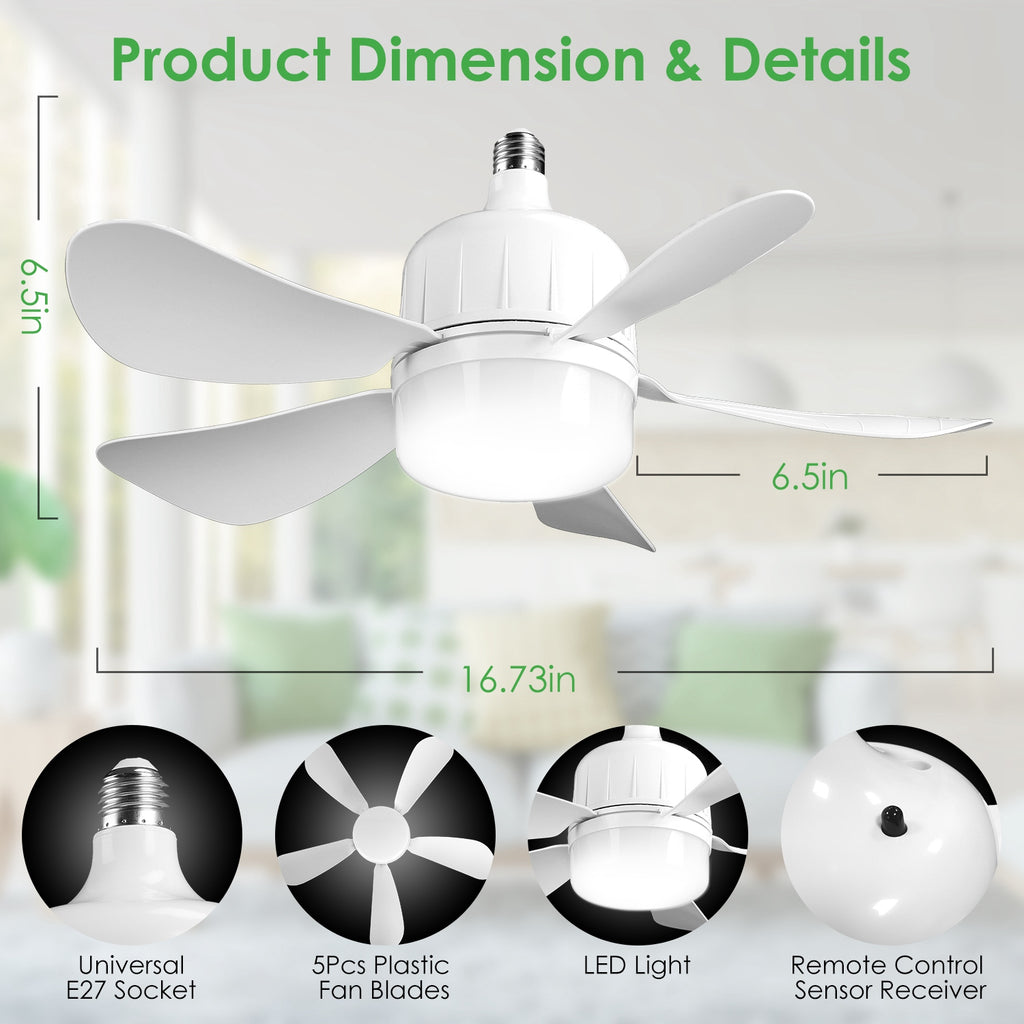 Socket Fan Light with Remote, Dimmable LED Ceiling Fan 12W