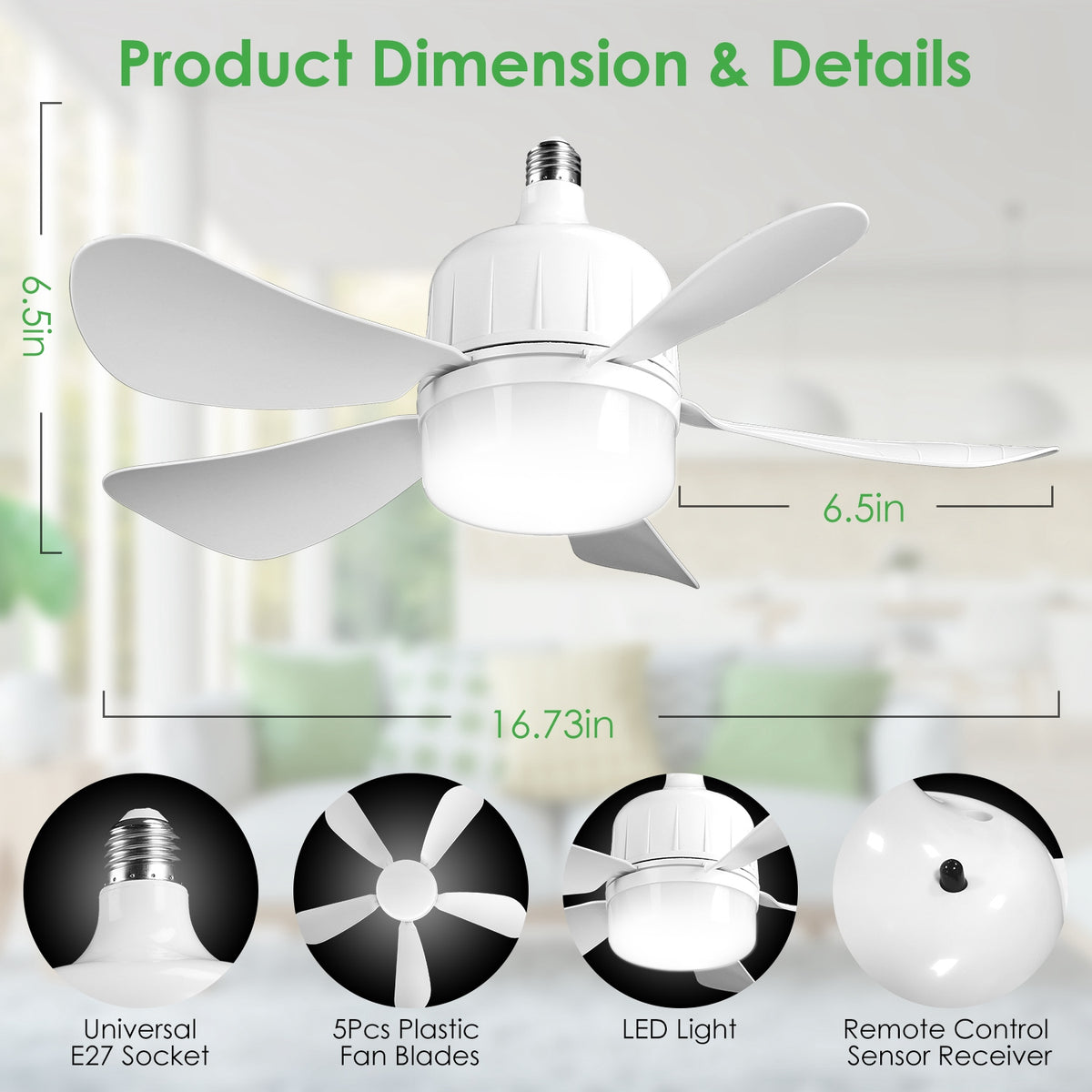 Socket Fan Light with Remote, Dimmable LED Ceiling Fan 12W
