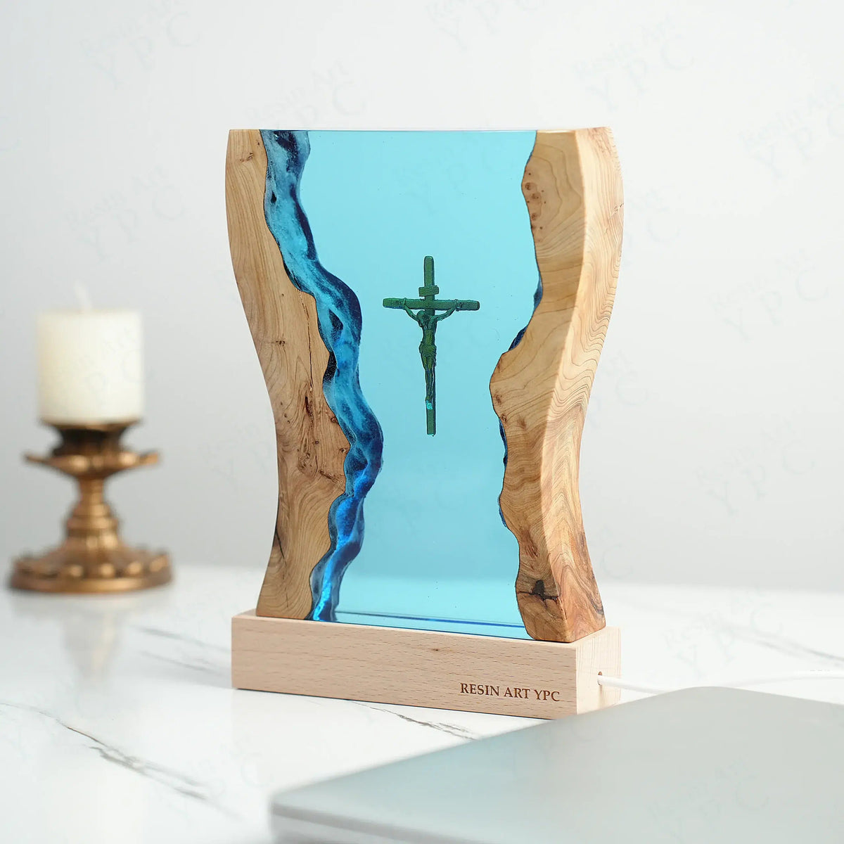 Cross Night Light, Resin Desk Decor with Glowing Light