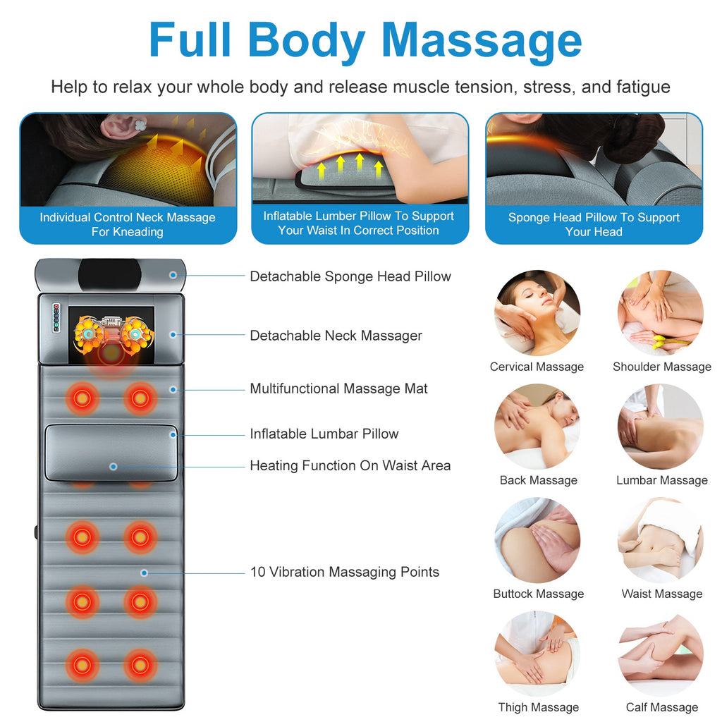 Heated Full Body Massage Mat with 10 Vibration Motors & Neck Massager