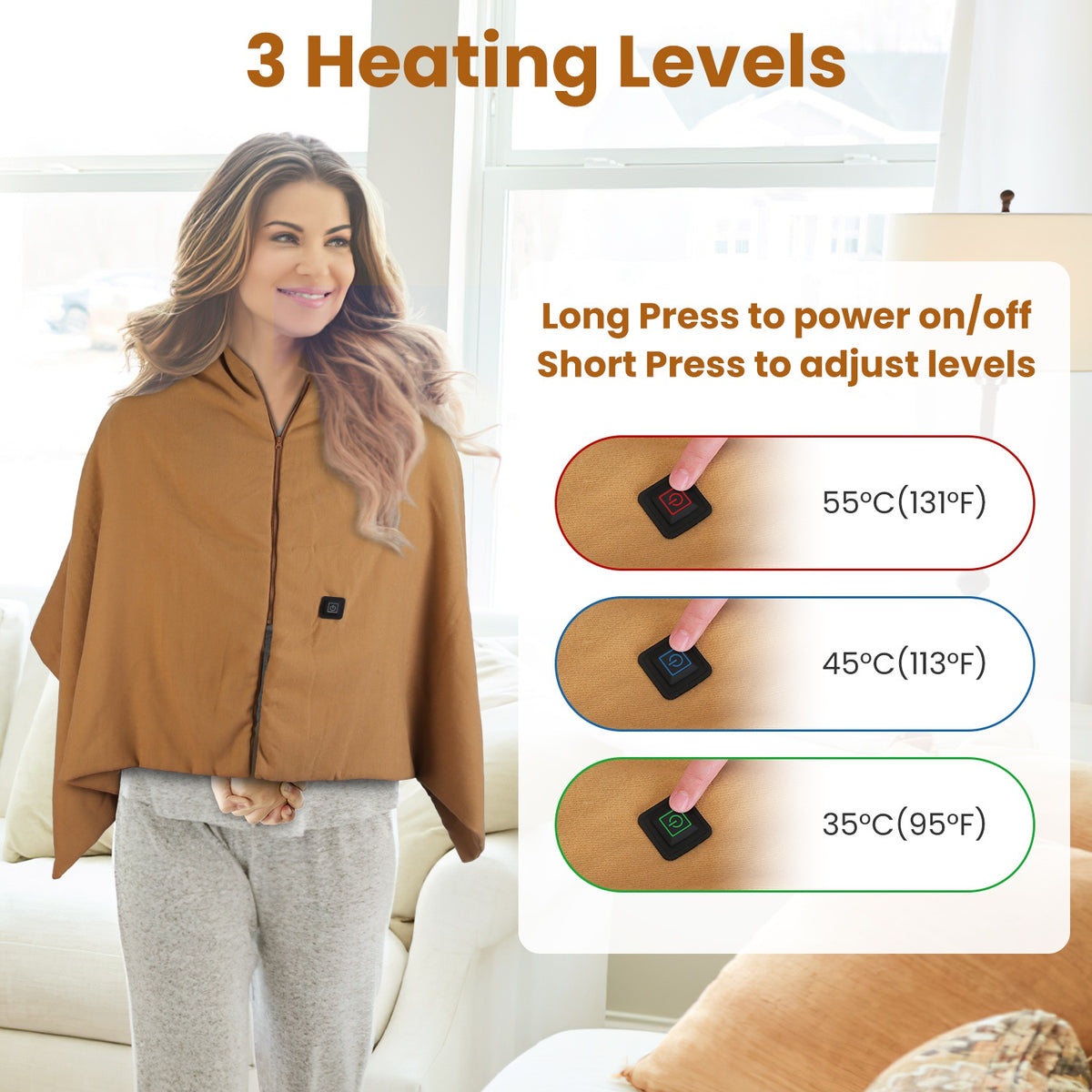USB Heated Shawl Wearable Heating Blanket with Zipper, 79x24in
