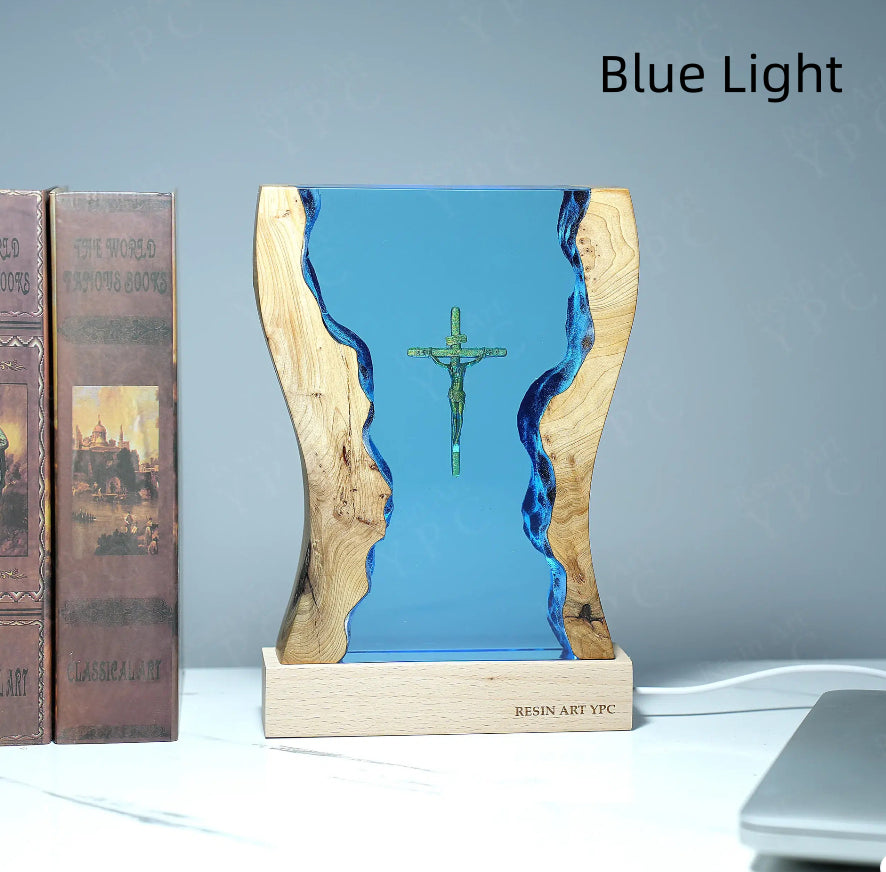 Cross Night Light, Resin Desk Decor with Glowing Light