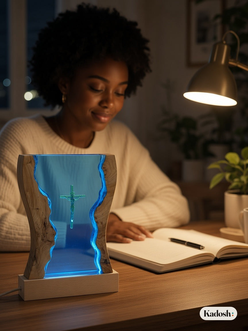 Cross Night Light, Resin Desk Decor with Glowing Light