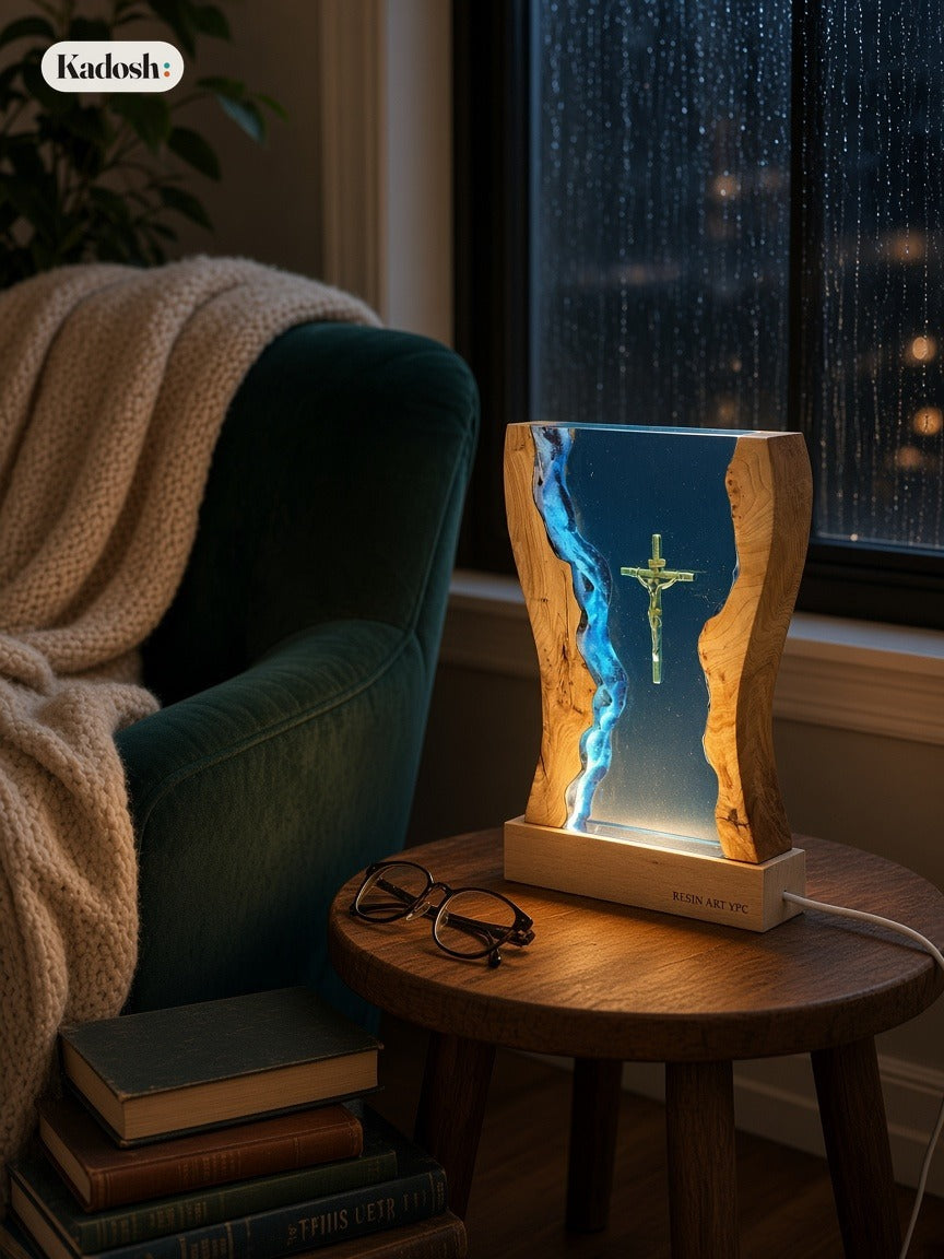 Cross Night Light, Resin Desk Decor with Glowing Light