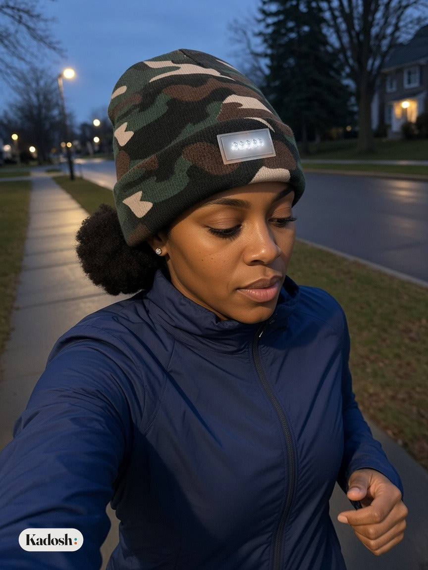 LED Beanie Hat with Removable Headlamp, Warm Knit Winter Hat