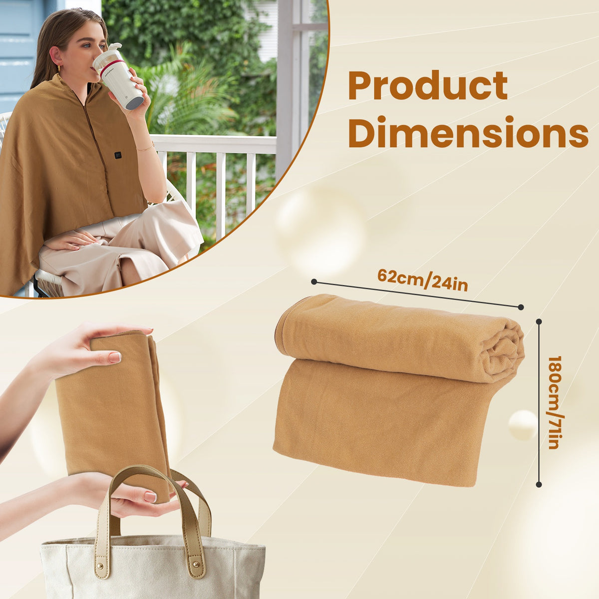 USB Heated Shawl Wearable Heating Blanket with Zipper, 79x24in