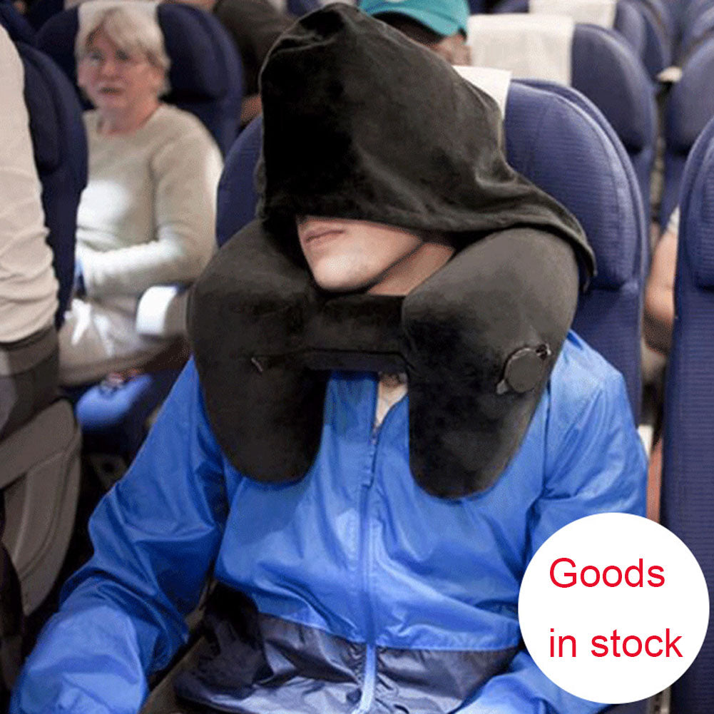 Hooded Travel Pillow, H-Shaped Inflatable Neck Pillow